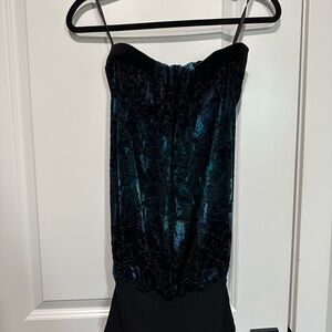 Le Chateau Strapless Black and Blue Velvet Damask Dress
